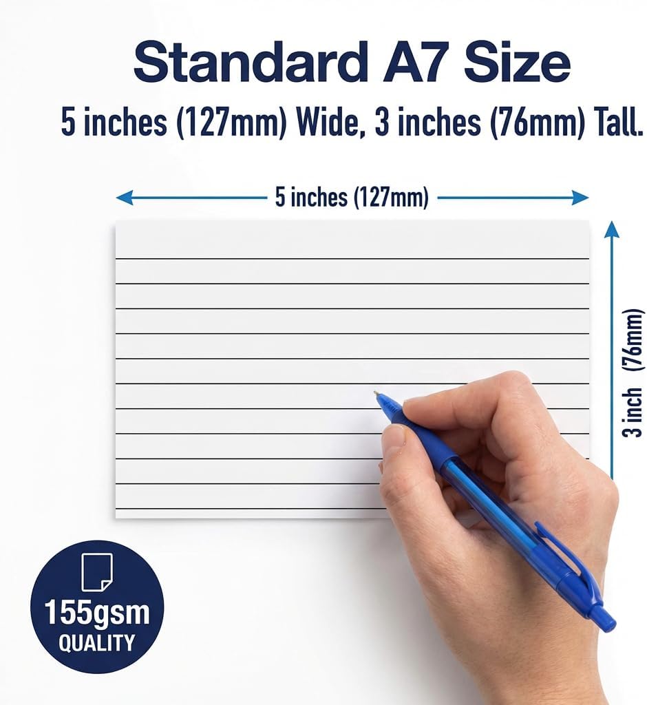 A7 White Revision Cards 5x3 | Ruled Index Flash Cards (155gsm)