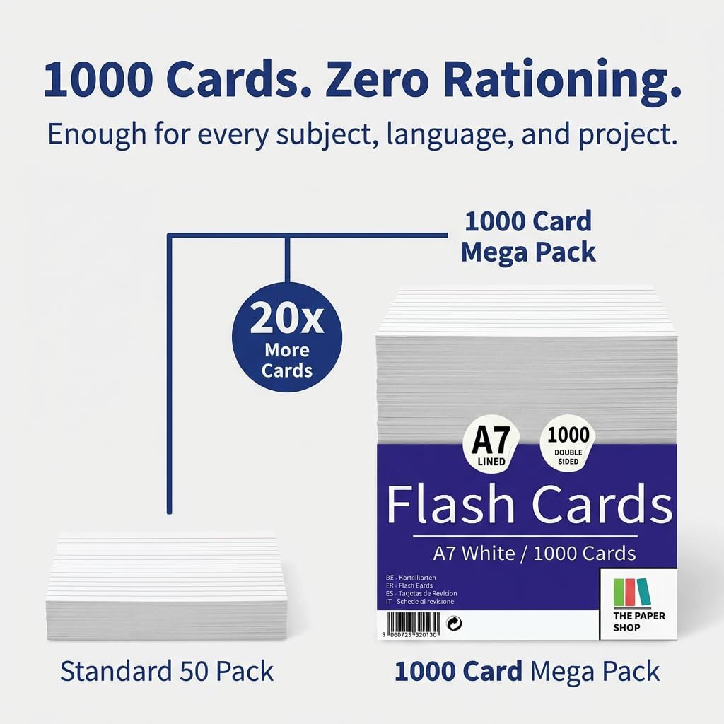 A7 White Revision Cards 5x3 | Ruled Index Flash Cards (155gsm)