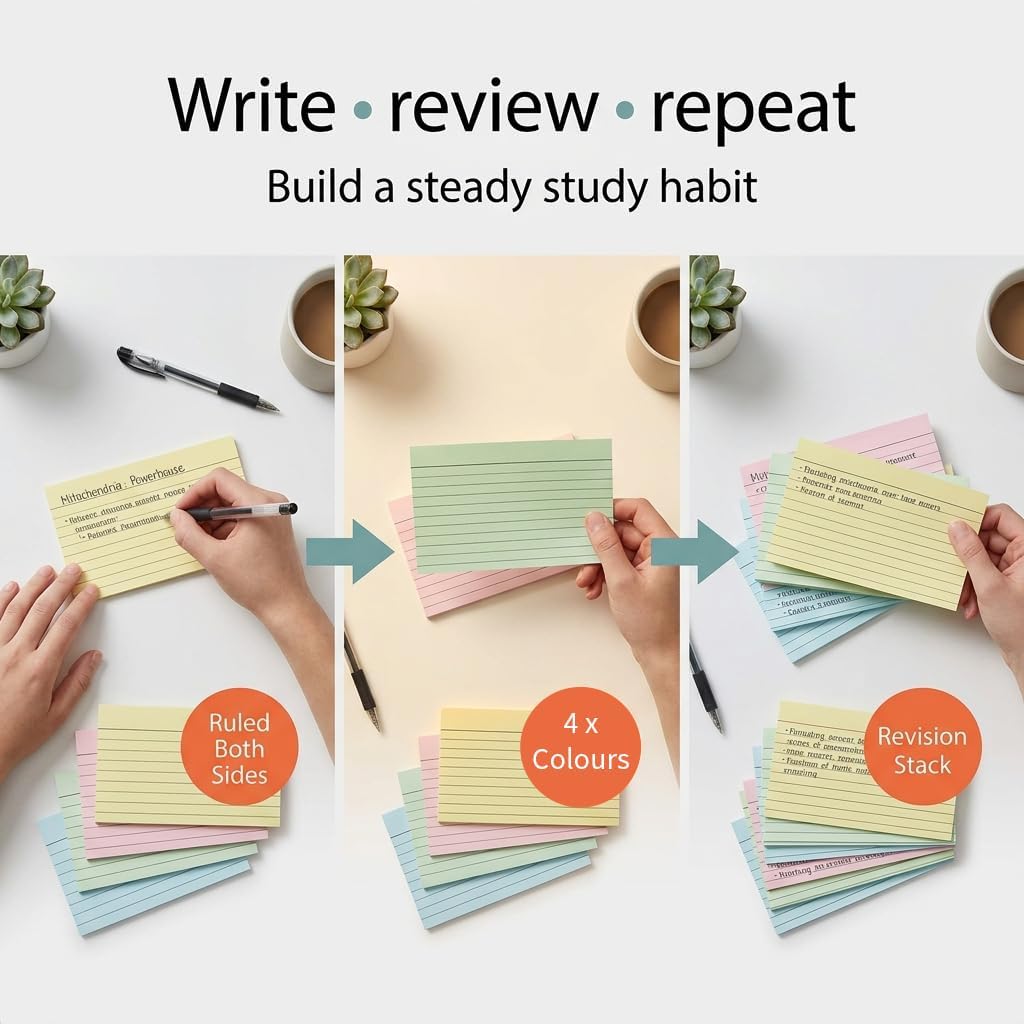A7 Coloured Revision Cards 5x3 | Ruled Study Flash Cards (155gsm)