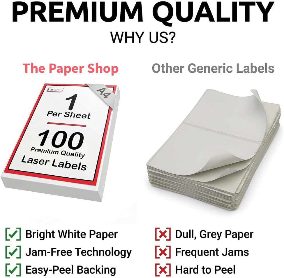 [100 Labels] Self Adhesive White Sticky Printer Labels for A4 Printer 1 per Sheet