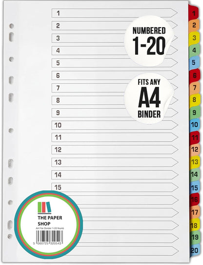 A4 Numbered 1-20 File Dividers | Reinforced 150gsm Cardboard Subject Tabs