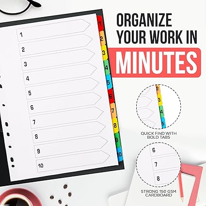A4 Numbered 1-20 File Dividers | Reinforced 150gsm Cardboard Subject Tabs
