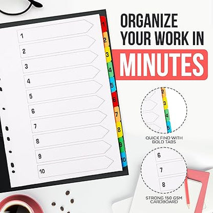 A4 Numbered 1-20 File Dividers | Reinforced 150gsm Cardboard Subject Tabs