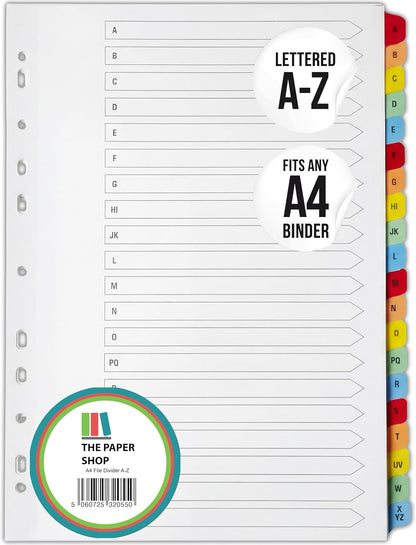 A4 Alphabetical A-Z File Dividers | Reinforced Colour Tabs & Multi-Punched