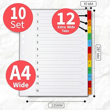 A4+ Extra Wide 12-Part File Dividers | Reinforced 150gsm Numbered Subject Tabs