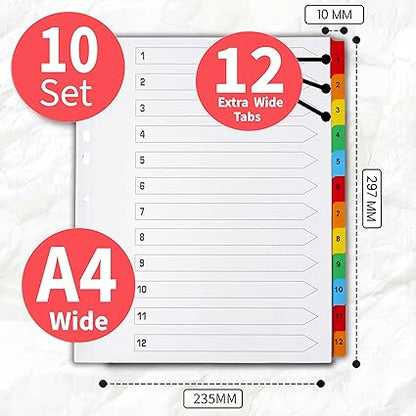 A4+ Extra Wide 12-Part File Dividers | Reinforced 150gsm Numbered Subject Tabs