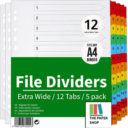 A4+ Extra Wide 12-Part File Dividers | Reinforced 150gsm Numbered Subject Tabs