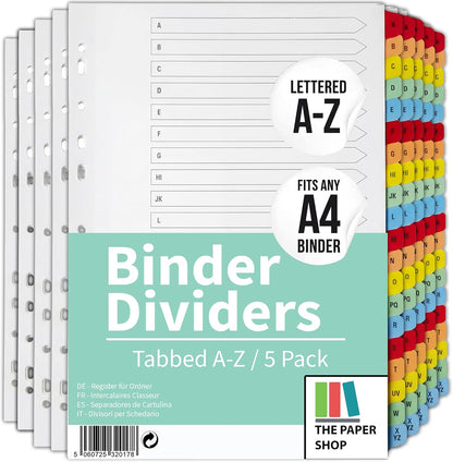 A4 Alphabetical A-Z File Dividers | Reinforced Colour Tabs & Multi-Punched