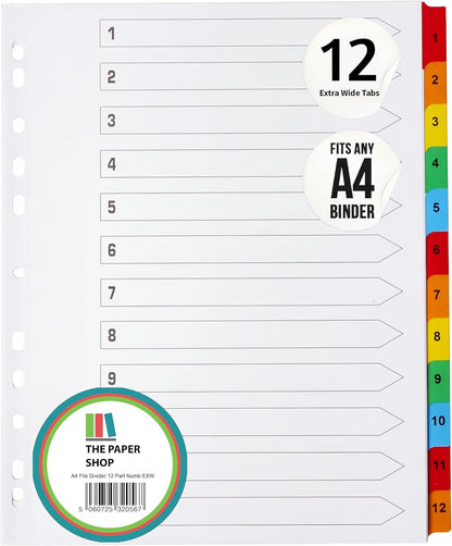 A4+ Extra Wide 12-Part File Dividers | Reinforced 150gsm Numbered Subject Tabs