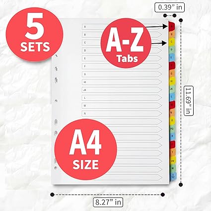 A4 Alphabetical A-Z File Dividers | Reinforced Colour Tabs & Multi-Punched