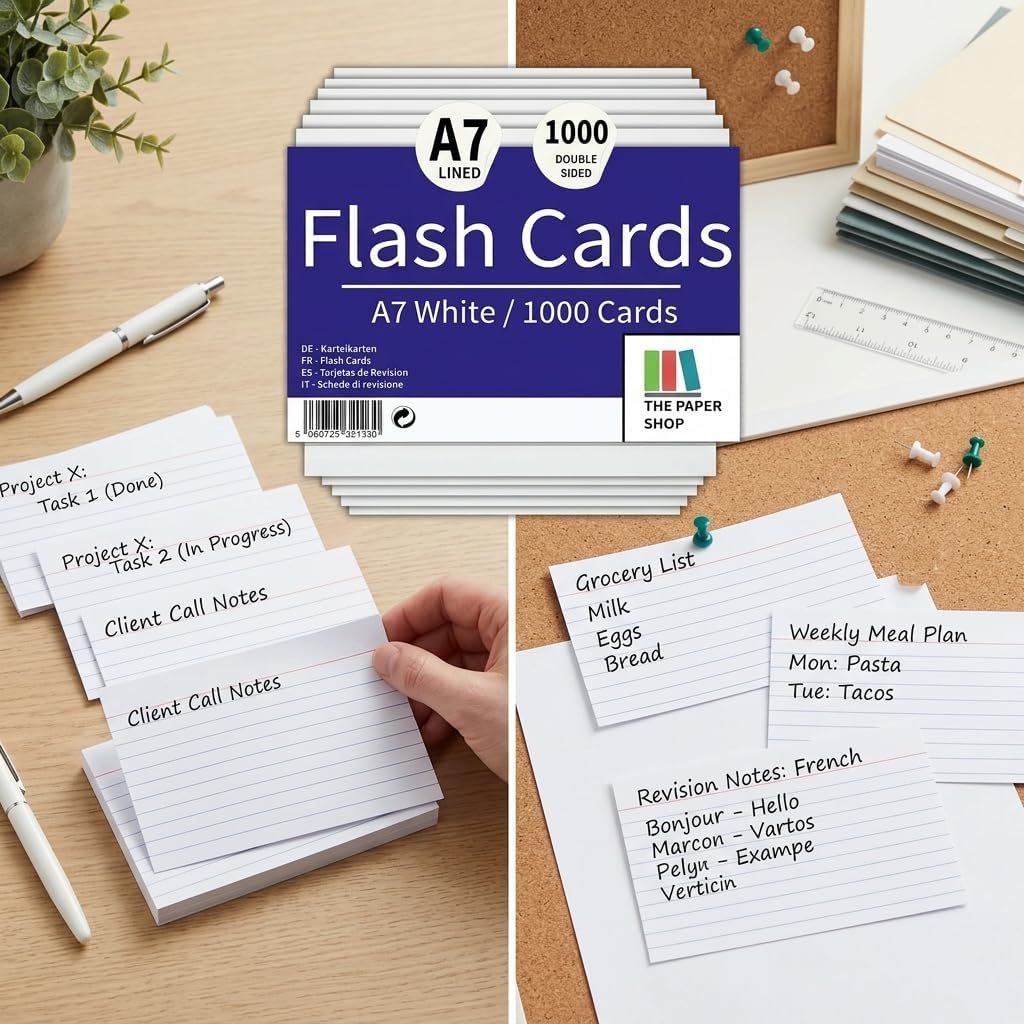 A7 White Revision Cards 5x3 | Ruled Index Flash Cards (155gsm)