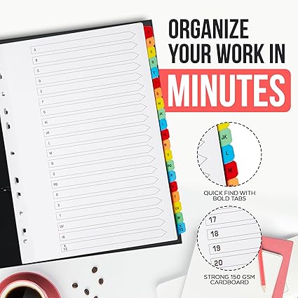A4 Alphabetical A-Z File Dividers | Reinforced Colour Tabs & Multi-Punched
