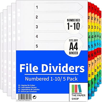 A4 numbered 1-10 file dividers with reinforced plastic tabs