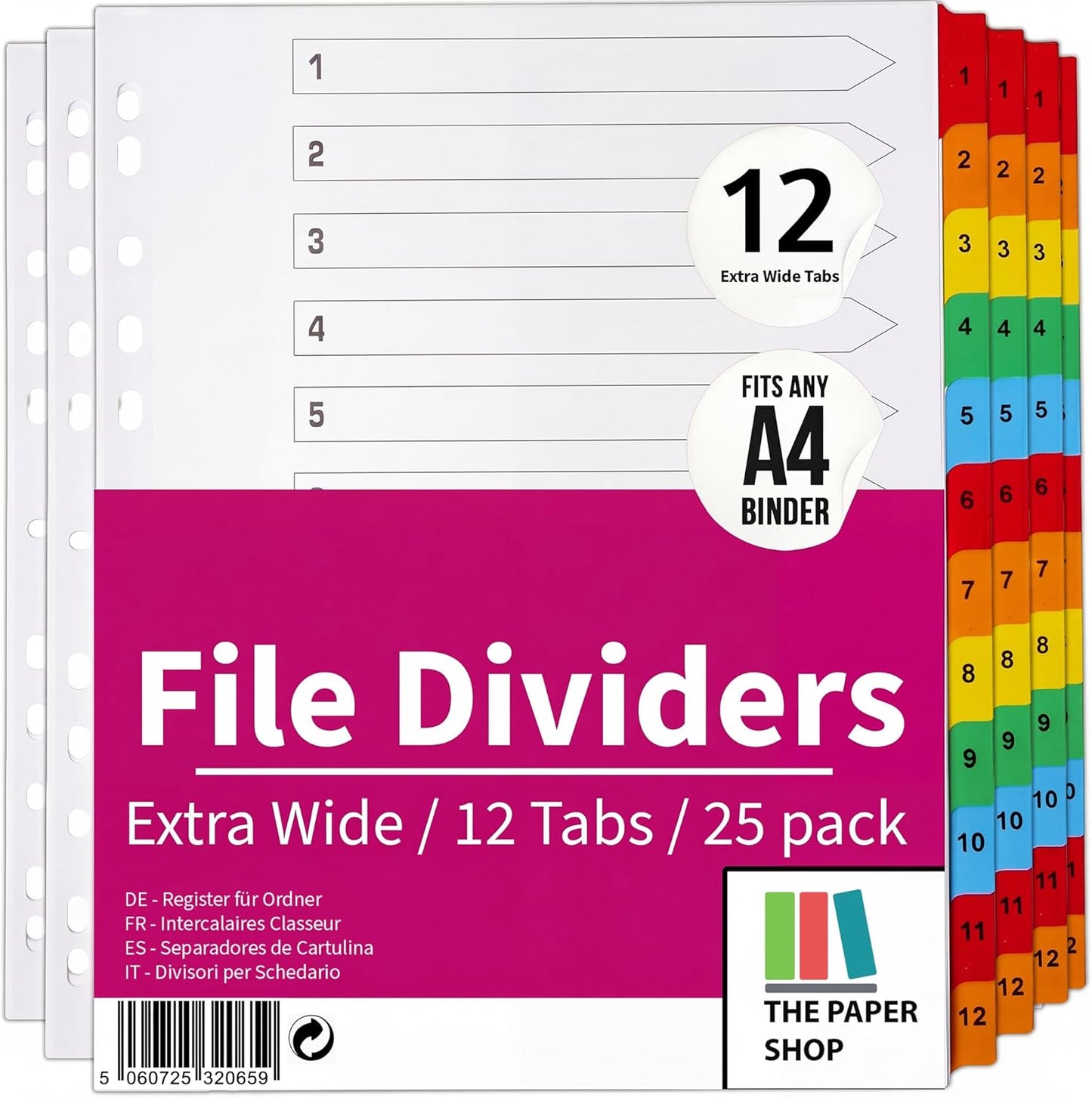 A4+ Extra Wide 12-Part File Dividers | Reinforced 150gsm Numbered Subject Tabs