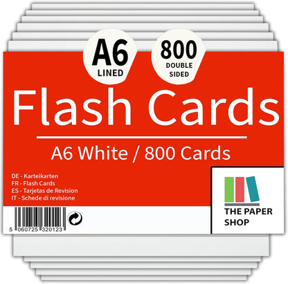 [800 Pack] A6 Revision Cards 6x4 White Record Cards FlashCards Ruled (6"x 4") 152mm x 102mm Blank Flash Cards Index Cards