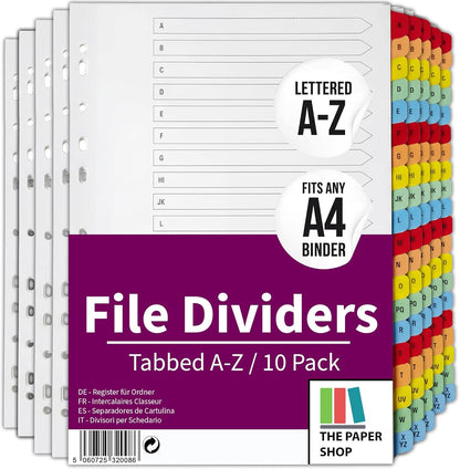 A4 Alphabetical A-Z File Dividers | Reinforced Colour Tabs & Multi-Punched