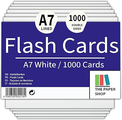 A7 White Revision Cards 5x3 | Ruled Index Flash Cards (155gsm)