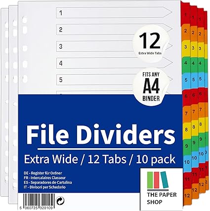 A4+ Extra Wide 12-Part File Dividers | Reinforced 150gsm Numbered Subject Tabs