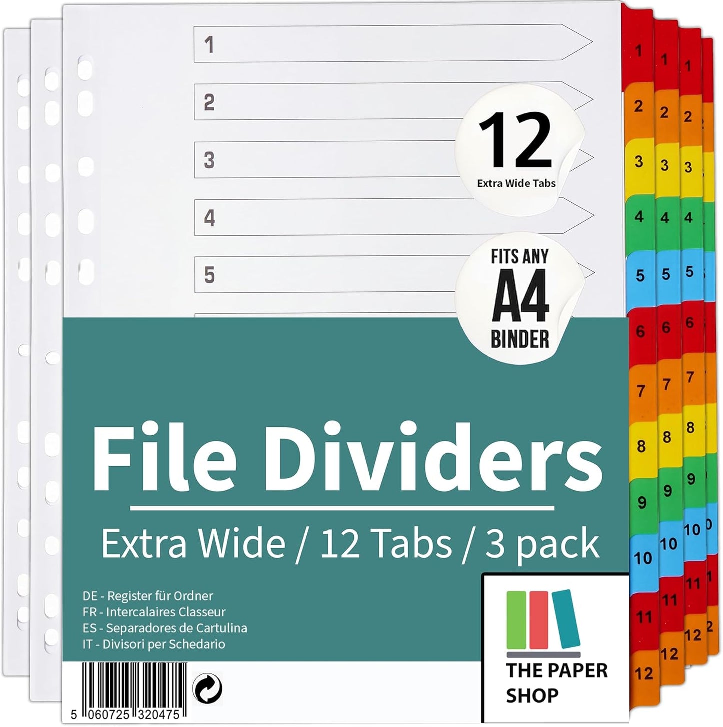 A4+ Extra Wide 12-Part File Dividers | Reinforced 150gsm Numbered Subject Tabs
