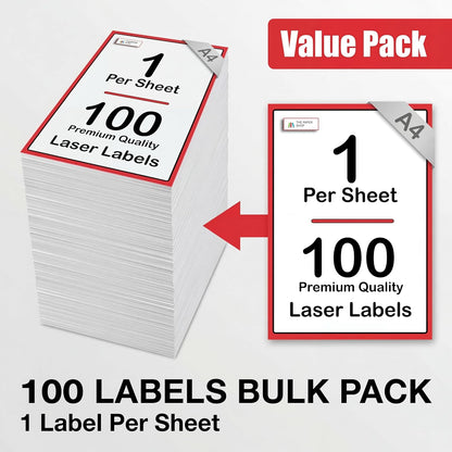 [100 Labels] Self Adhesive White Sticky Printer Labels for A4 Printer 1 per Sheet