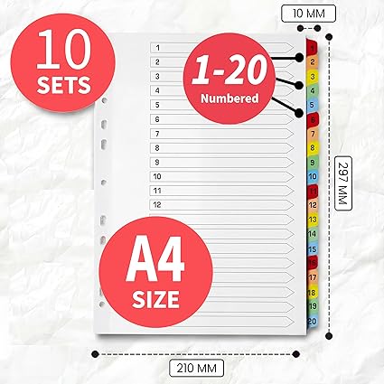 A4 Numbered 1-20 File Dividers | Reinforced 150gsm Cardboard Subject Tabs