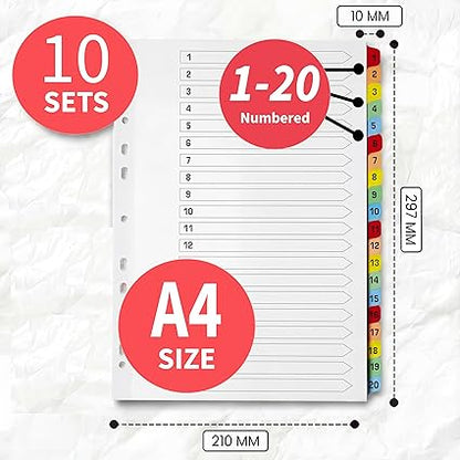 A4 Numbered 1-20 File Dividers | Reinforced 150gsm Cardboard Subject Tabs