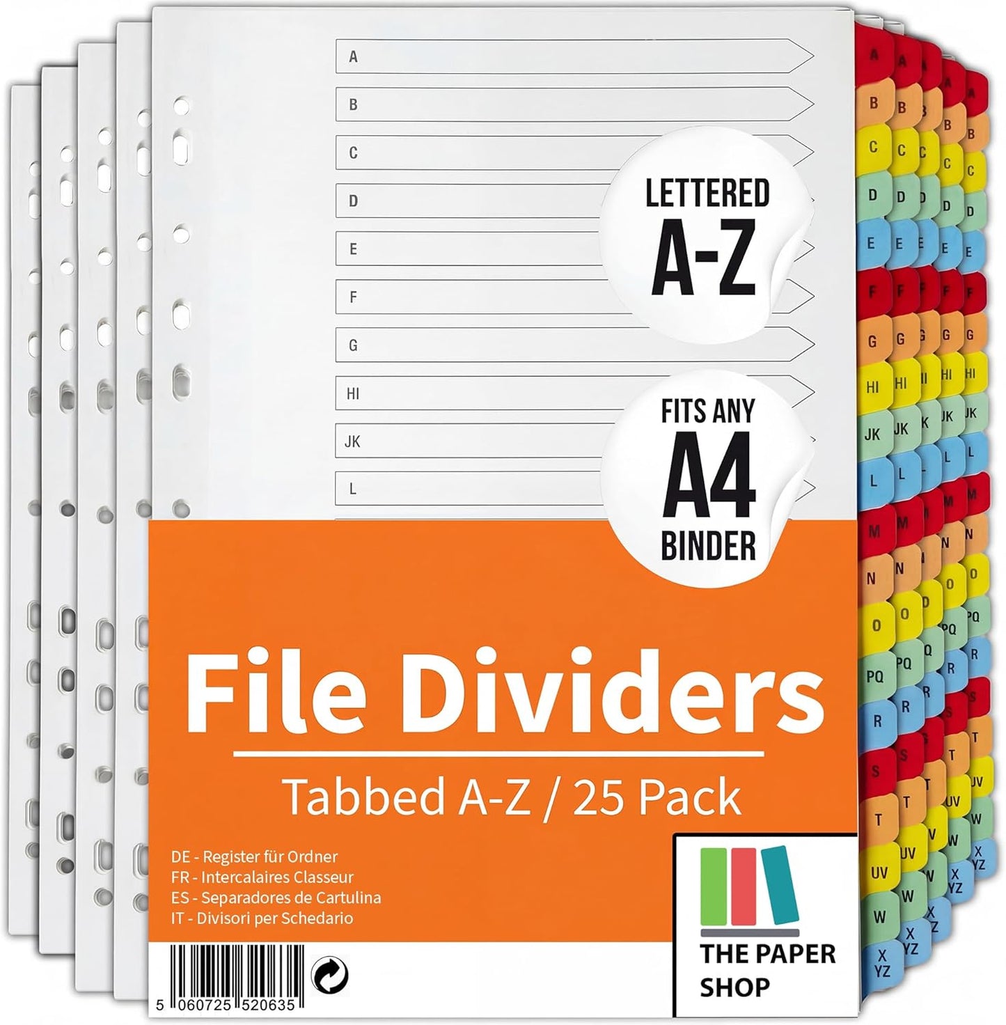 A4 Alphabetical A-Z File Dividers | Reinforced Colour Tabs & Multi-Punched
