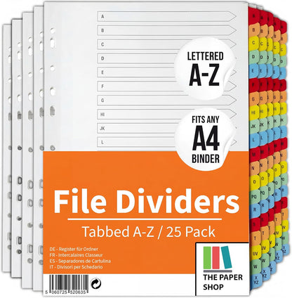 A4 Alphabetical A-Z File Dividers | Reinforced Colour Tabs & Multi-Punched
