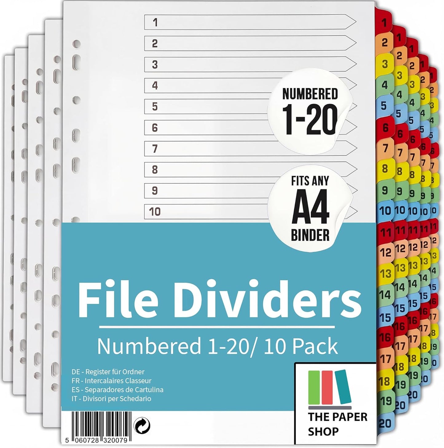 A4 Numbered 1-20 File Dividers | Reinforced 150gsm Cardboard Subject Tabs