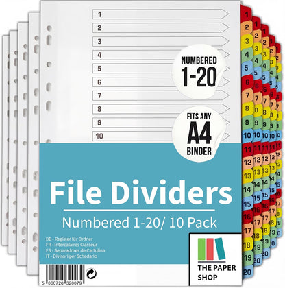A4 Numbered 1-20 File Dividers | Reinforced 150gsm Cardboard Subject Tabs