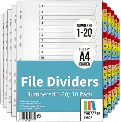 A4 Numbered 1-20 File Dividers | Reinforced 150gsm Cardboard Subject Tabs