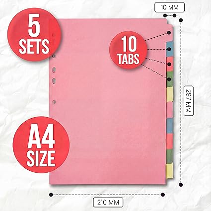 A4 10-Part Cardboard File Dividers with Colored Index Tabs