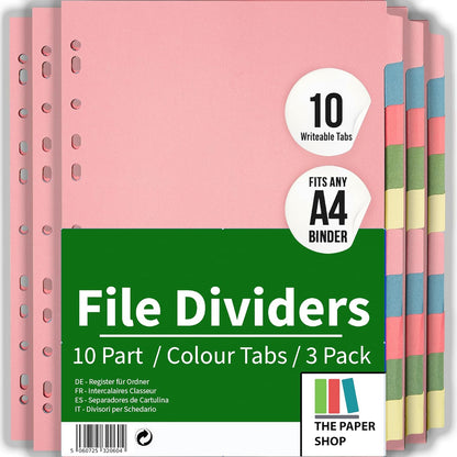 A4 10-Part Cardboard File Dividers with Colored Index Tabs