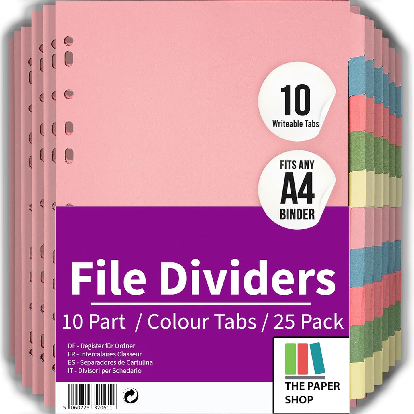 A4 10-Part Cardboard File Dividers with Colored Index Tabs