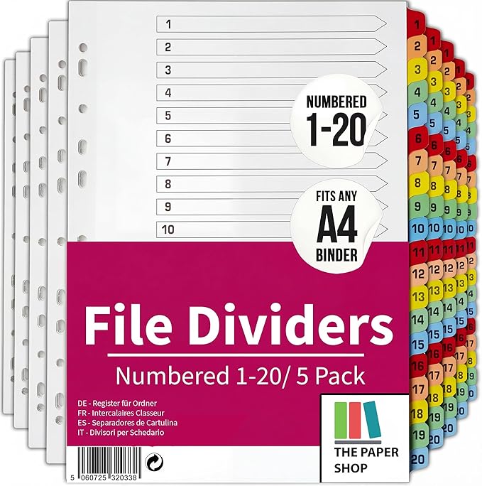 A4 Numbered 1-20 File Dividers | Reinforced 150gsm Cardboard Subject Tabs