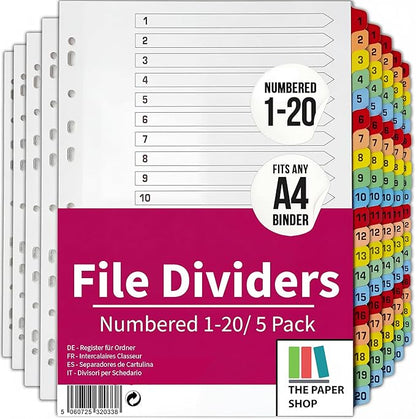 A4 Numbered 1-20 File Dividers | Reinforced 150gsm Cardboard Subject Tabs