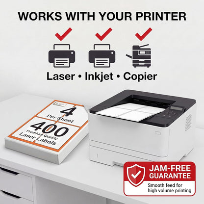 [400 Labels] Self Adhesive White Sticky Printer Labels for A4 Printer 4 per Sheet