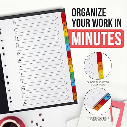 A4+ Extra Wide 12-Part File Dividers | Reinforced 150gsm Numbered Subject Tabs