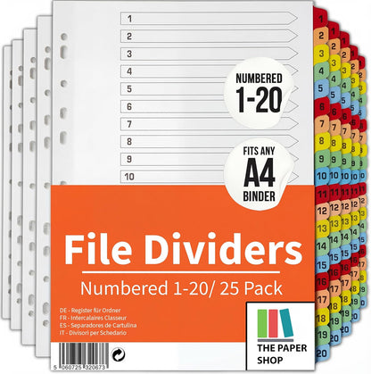A4 Numbered 1-20 File Dividers | Reinforced 150gsm Cardboard Subject Tabs