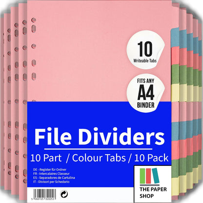 A4 10-Part Cardboard File Dividers with Colored Index Tabs