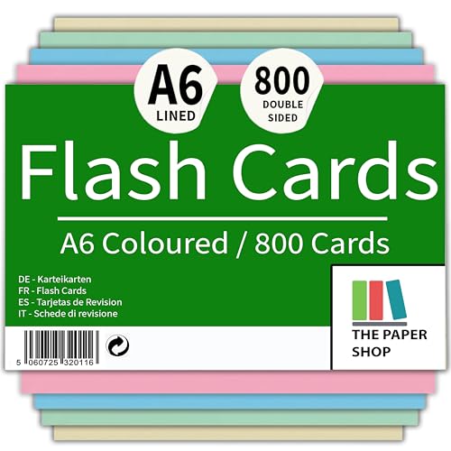 800 Pack A6 Coloured Revision Cards | 6x4 Ruled Study Flash Cards (155gsm)
