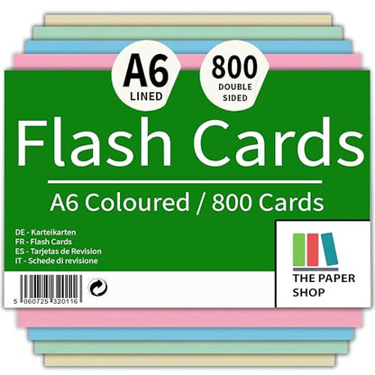 800 Pack A6 Coloured Revision Cards | 6x4 Ruled Study Flash Cards (155gsm)