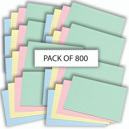 800 Pack A6 Coloured Revision Cards | 6x4 Ruled Study Flash Cards (155gsm)